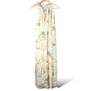 H & M Floral Poly Chiffon Tiered Maxi Dress Ruffle Trim Neckline Fully Lined L
